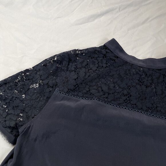 Rebecca Taylor Navy Blue Top Size 0 Silk Small Short Sleeve Round Neck Keyhole - Picture 6 of 6